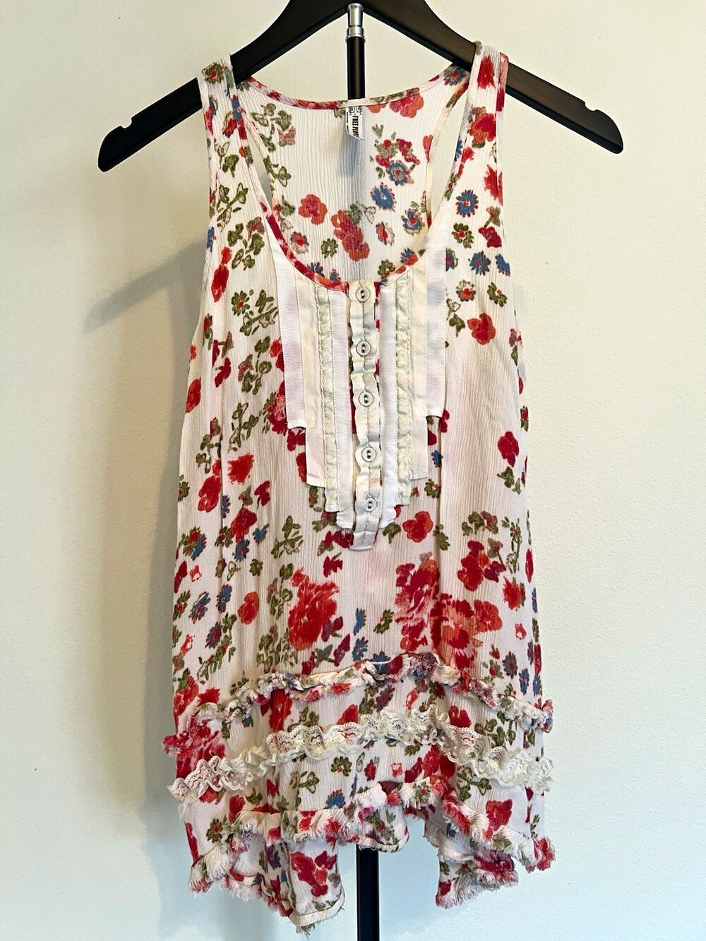 Free People Floral Sleeveless Tank Top Button Front Ruffle Lace White Size S